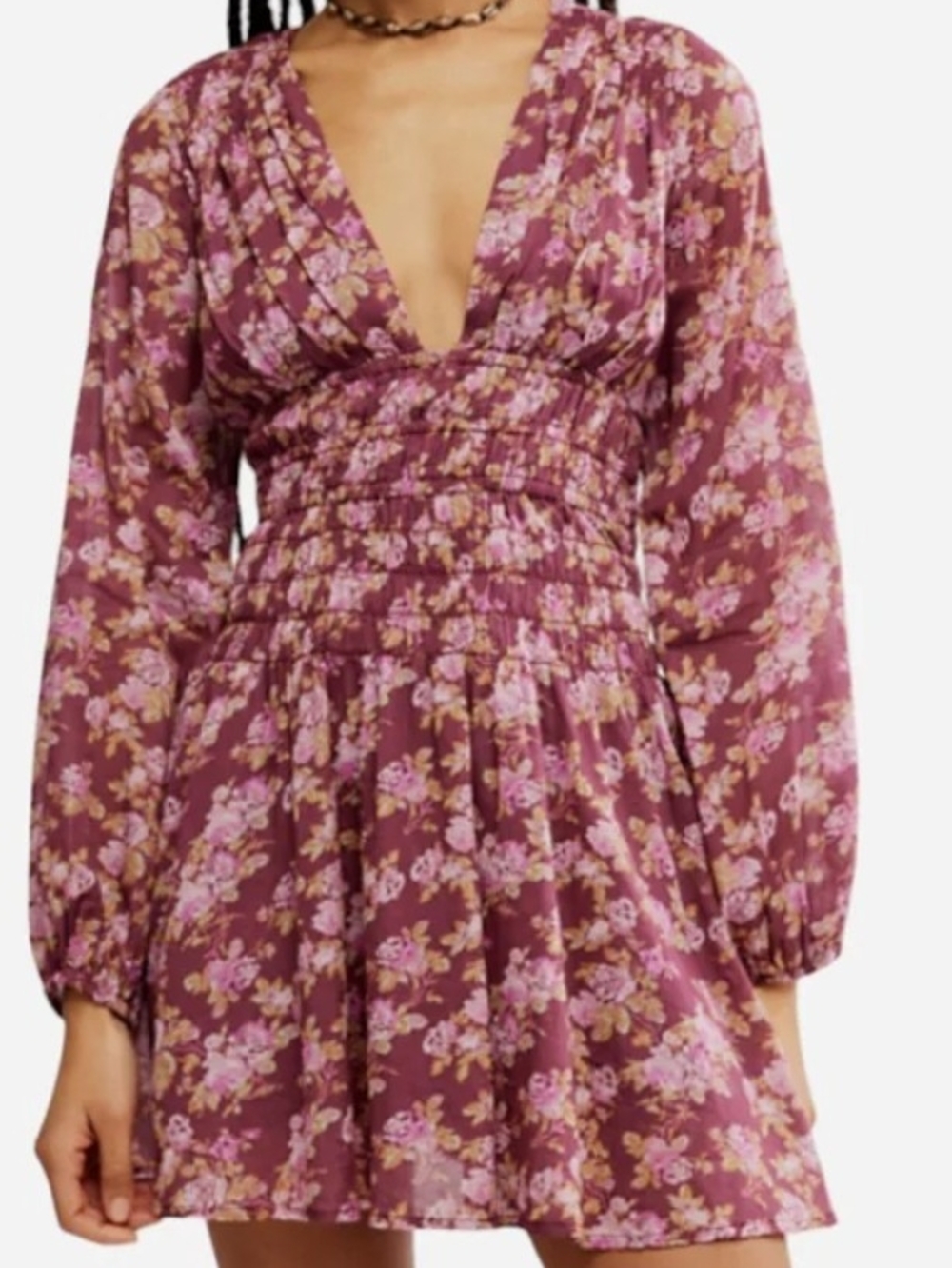 Free People Mauve Floral Smocked V-Neck Long Sleeve Mini Dress